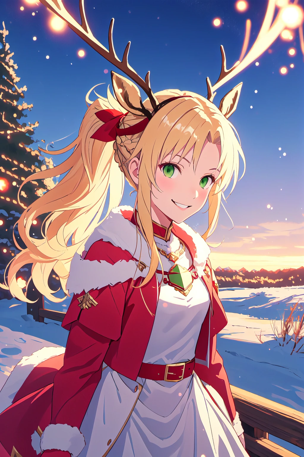 <lora:Mordred:1>, mordred \(fate\), blonde hair, green eyes, ponytail, rgv1, reindeer antlers, fake antlers, deer ears, 1girl, smile, cowboy shot, volumetric lighting, <lora:SantasReindeerGirl:1>,