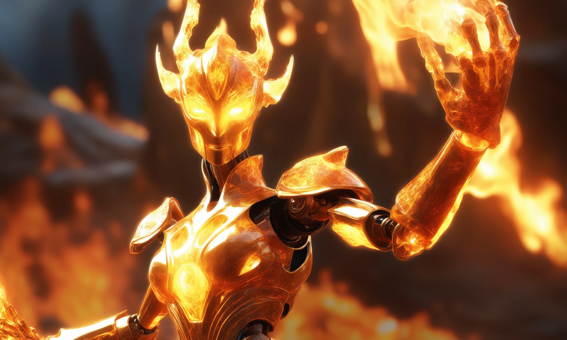 <lora:firecd_xl-000017:0.6>,a transparent fire elemental a female robot made of (firecd_xl,raging flames:1.2,burning) in hell,fire body,splash fire,no humans,long-focus,tilt-shift,outdoors,humanoid robot,on molten rock,upper body,cutie,cute,still life,front view,facing viewer,looking at viewer,ethereal fantasy concept art,magnificent,epic,majestic,magical, emotional,harmonious,high budget,moody,epic,gorgeous,perfect lighting,realistic,photorealistic,photographic,photo (medium),real,moody lighting,volumetric lighting,reality ray tracing,8K,HDR,UHD,masterpiece,best quality,highly detailed,high resolution,finely detail,extremely detailed,ultra detailed,wallpaper