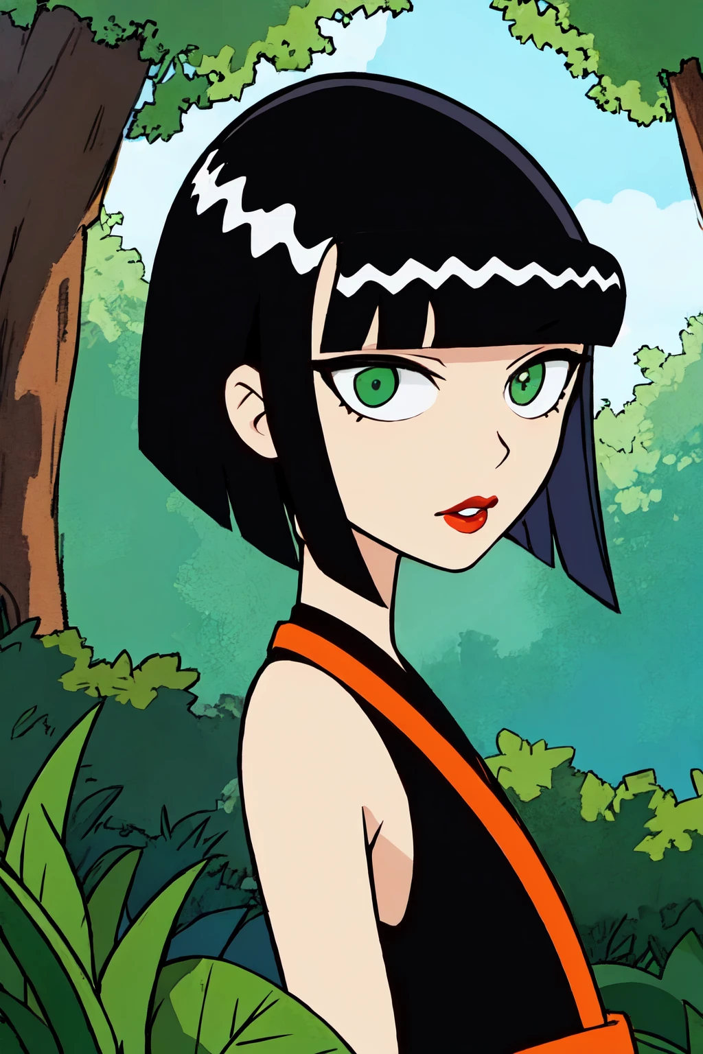 portrait, sharp focus, soft lighting,   illustration, depth of field, outdoors, ingrid, 1girl, solo, green eyes, lipstick, red lips, black hair, blunt bangs, bob cut,black dress, sleeveless, orange sash, orange belt,,  <lora:asanagi:0.35><lora:ingrid-000003:0.75>