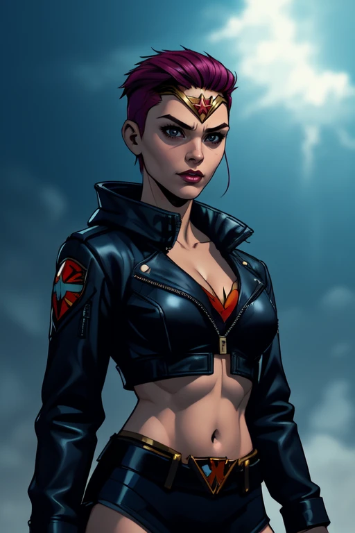 wonder woman, dressed as a punk, shaved side head hairstyle, detailed long hair, wearing short unzipped crop army jacket, crop top, cleavage, smirking, cyberpunk style, professional comic book style, daytime skies