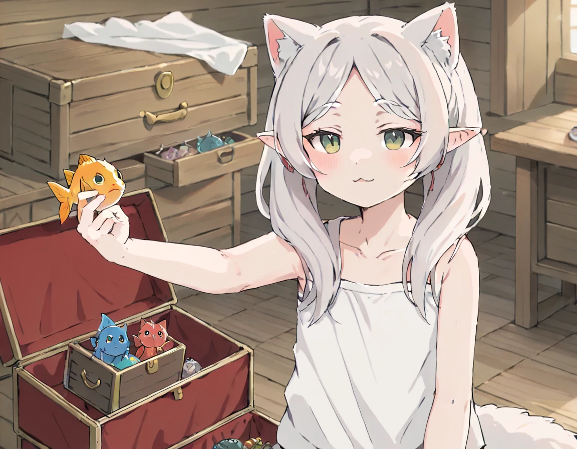 masterpiece,solo,anime-style,a cat holding a fish in her one hand,<lora:frieren_meme-000014:0.85>,room, treasure chest