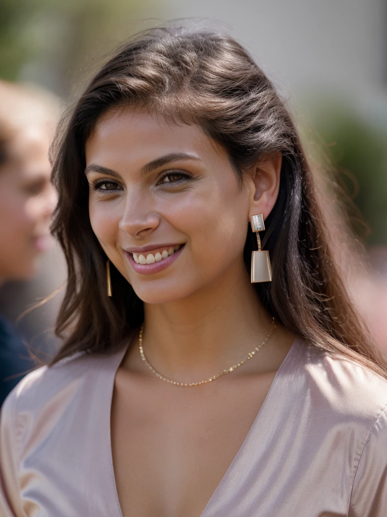 Realistic photo of a beautiful m0r3n4b woman,1girl,solo,long hair,looking at viewer,smile,shirt,black hair,upper body,earrings,teeth,grin,blurry,lips,blurry background,piercing,ear piercing,portrait,realistic,soft lighting, professional Photography, Photorealistic, detailed, RAW, analog, sharp focus, 8k, HD, high quality, masterpiece<lora:m0r3n4b:1.0>