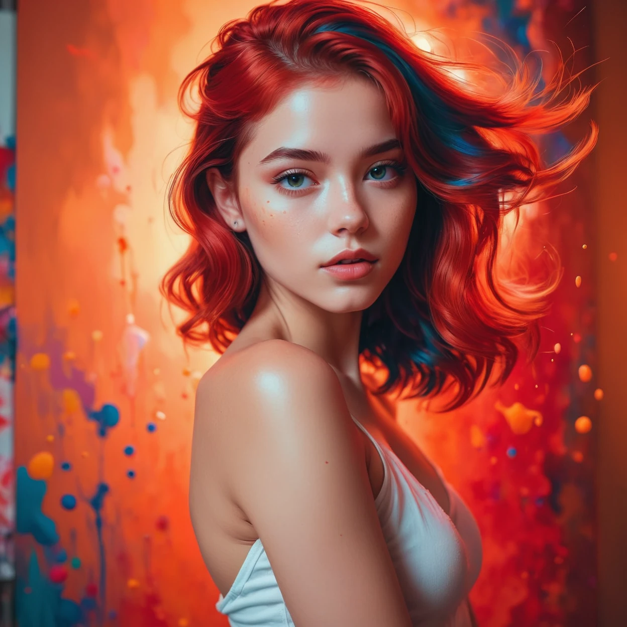 designed by Brandon Woelfel and Josan Gonzalez, Painting, Color splash, Oil painting, best quality, 21yo Beauty, her hair is Red, Queencore, 50mm, Smooth Skin,Full Body,Bold
