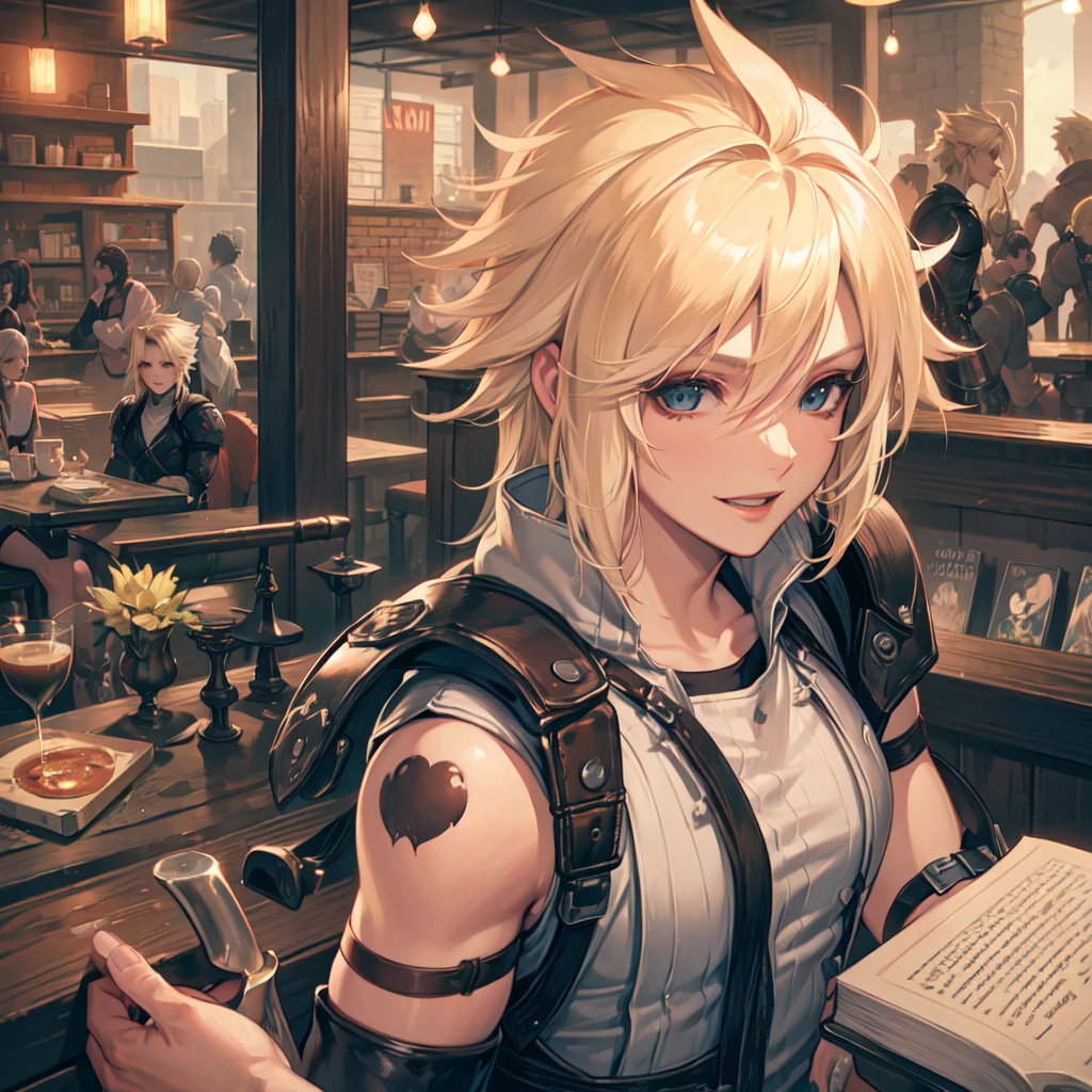 cloud, from final fantasy 7,


smile, folds, book, coffee shop,  belt ,


