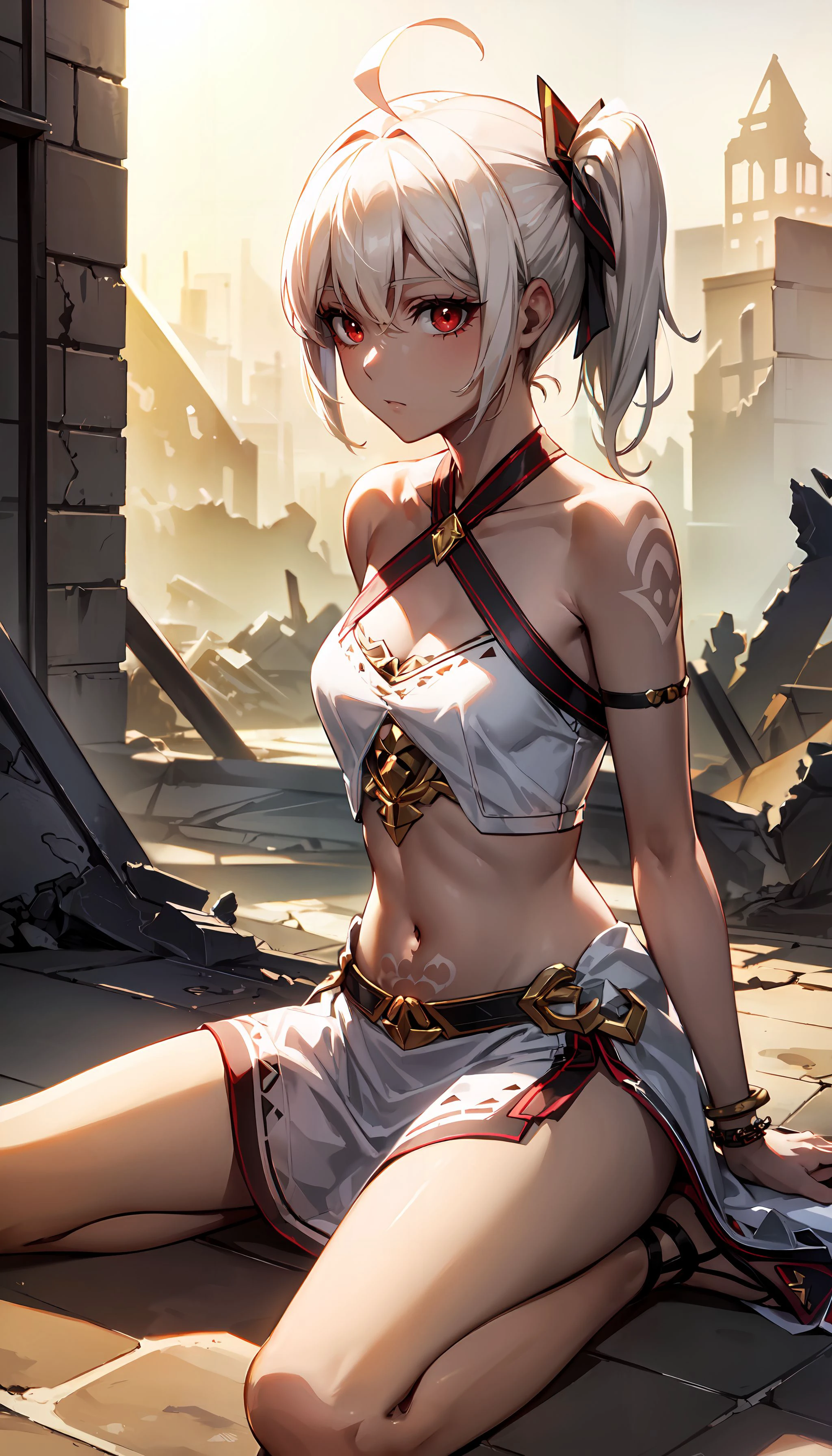 photorealistic, (4k), depth of field, (Masterpiece), (realistic skin texture), extremely detailed, intricate, hyper detailed, high resolution, professional photography, bokeh, depth of field, sharp detail, best quality, woman, , dark skin, white tattoo, white dress, gold trim, halterneck, navel, bare shoulders, short white hair, side ponytail, red eyes, ahoge, headdress, bracelet, armlet, sandals, figure four sitting ,  <lora:Myne-000003:0.7> , desert, sand dunes, sandstorm, (ruins:1.5),