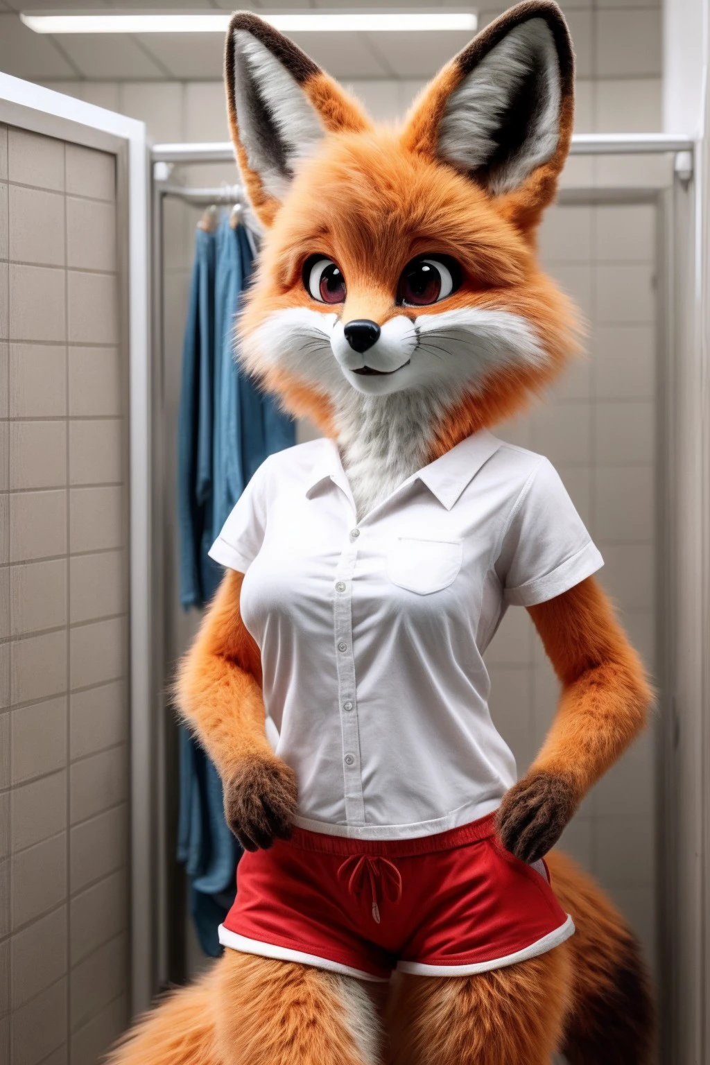 hyperdetailed,anime style,furry,yiff,e621,fox,female,white shirt,red shorts,detailed cute face,detailed eyes,full body pose,standing,in a changing room,masterpiece,cinematic shot,professional photography,raw photo,