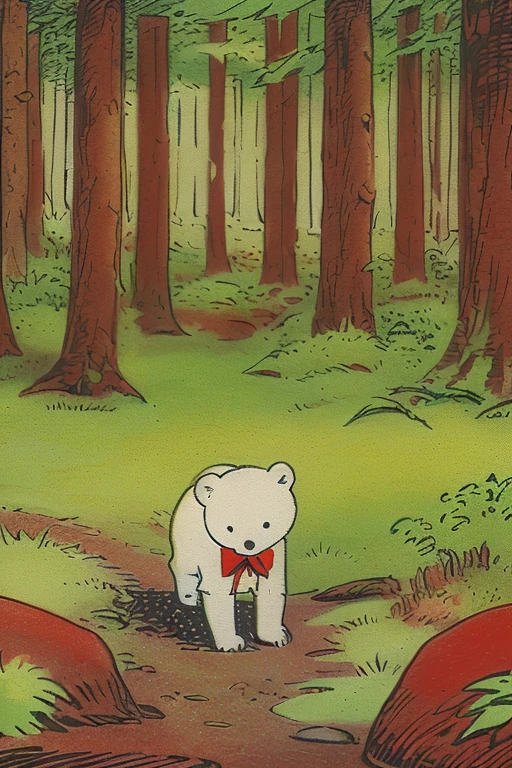<lora:alfredbestall:1> bestall, a small white bear walking in the forest, red shirt