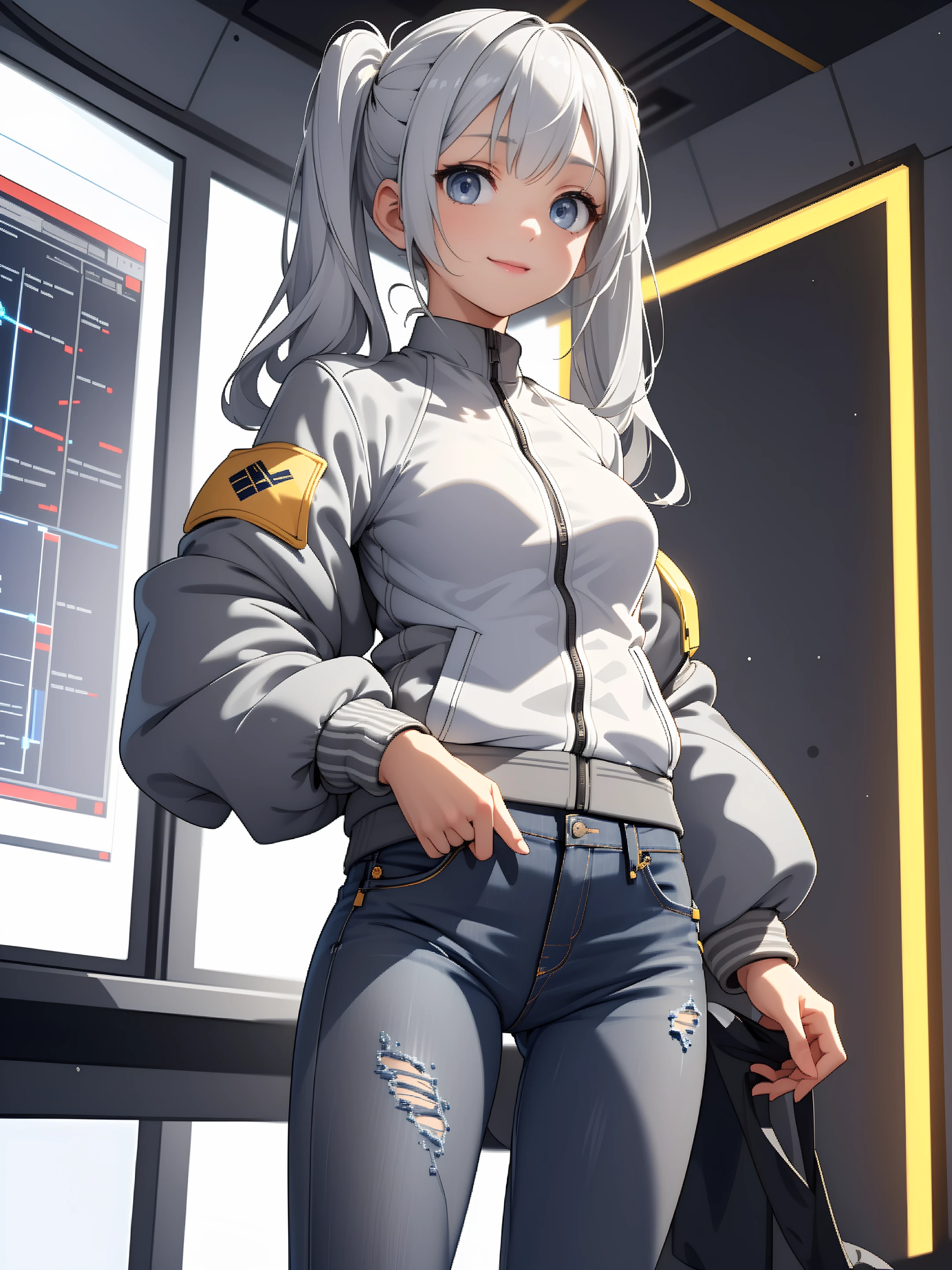 ((extremely detailed 8k illustration)), highres, (extremely detailed and beautiful background), ultra detailed painting, professional illustrasion, Ultra-precise depiction, Ultra-detailed depiction, (beautiful and aesthetic:1.2), HDR, (depth of field:1.4), colorful, vivid, beautiful detailed glow light particles, intricate:1.4, nice hands, perfect hands,
(young girl), (white,military costume,tight skirt), (highly detailed beautiful face and eyes, silver hair:1.5, twin tail:1.1, floating hair), (white tights up to the thighs), small stature, (small breasts), shiny skin, cute, being clearheaded, happy, smile sweetly, Style a (((grey bomber jacket) over a (white) crewneck sweater)), paired with ((dark denim straight-leg pants)), chic sneakers,
A state-of-the-art scientific research facility conducts advanced experiments and studies. Intricate apparatuses and screens line the facility, depicting a hub for scientific exploration.,