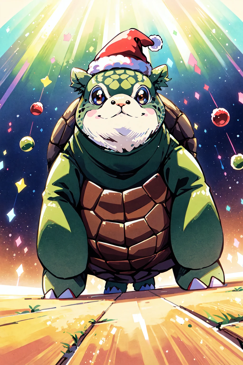 SantaTurtleOverlord, kawaii, ((no humans)), turtle, santa clothes, christmas themes, super kawaii, 4 point perspective, dutch angle, masterpiece, official art, traditional art, <lora:SantaTurtles:0.65>