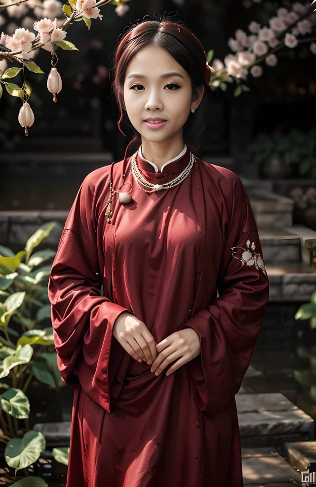 1 girl, viet phuc, ao dai, 18 century, dark brown outfit, Cherry Blossom Garden, <lora:FilmVelvia3:0.3>, white pearl necklaces  <lora:VIETPHUC_TK18 -000006:0.8>, photorealistic, 4k, highly detailed, sharp focus, hyper-realistic, masterpiece,ultra-realistic,32k,extremely detailed CG unity 8k wallpaper, best quality,