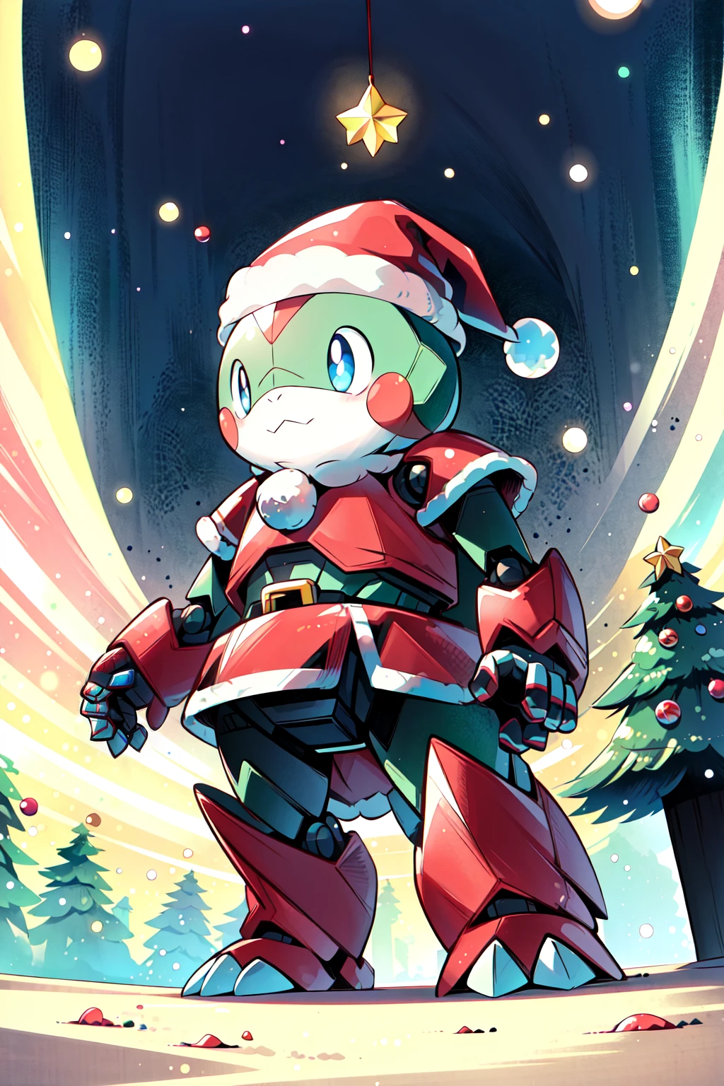 SantaTurtleOverlord, pokemon creature, ((no humans)), turtle, robot turtle, santa clothes,santa hat, santa outfit, christmas themes, super kawaii, 4 point perspective, dutch angle, masterpiece, official art, traditional art, <lora:SantaTurtles:0.65>