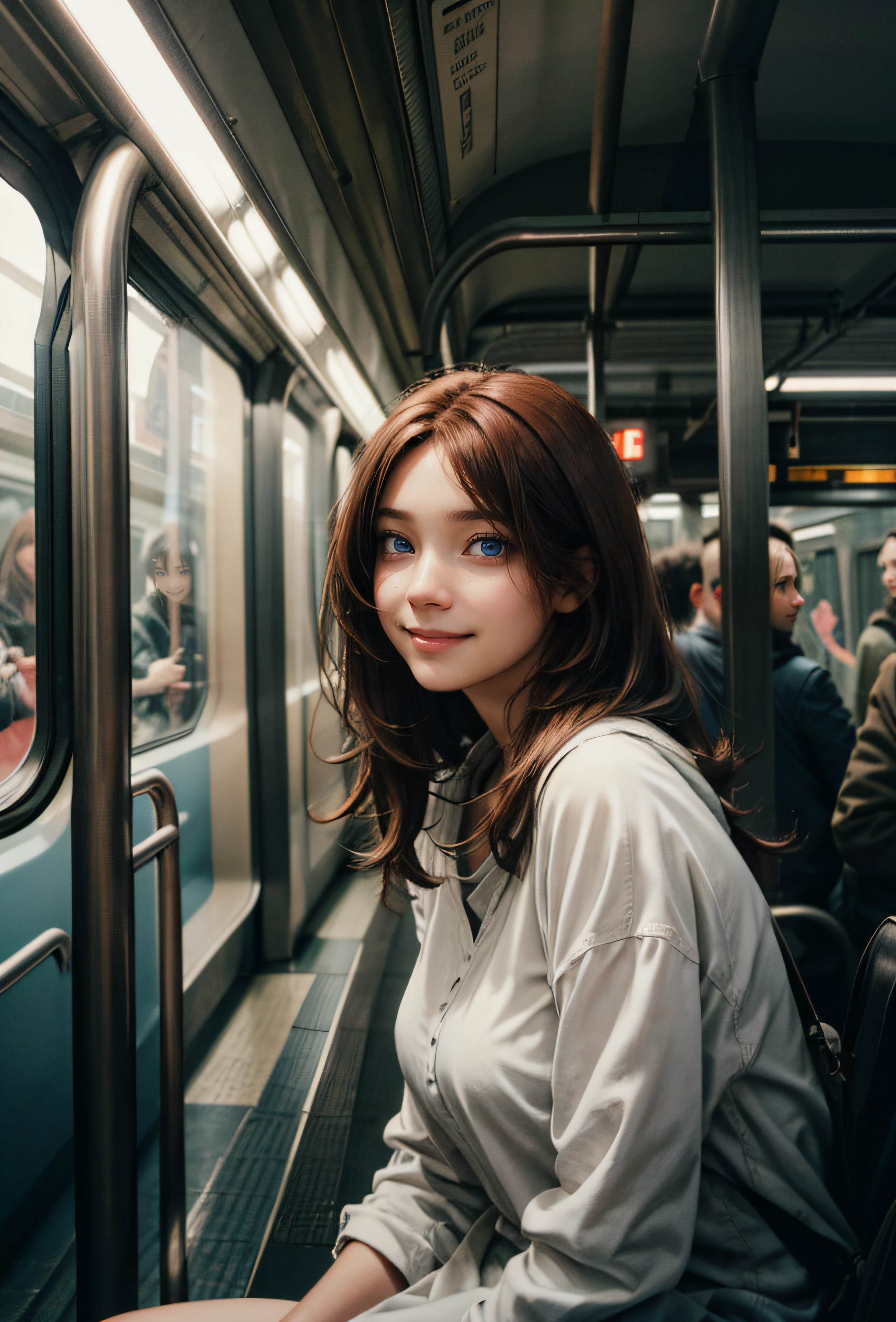 photography, Alice Ingram, riding the subway, long auburn hair, a softened wry smile-subdued excited bliss, soft lighting on face, realistic skin-clothing-hair textures, carpeted fog sky blue eyes, Beautiful Real Textures & Delicate Aesthetics, Remarkable Homage to Silent Hill Energy by Psykhosis., noise, 8k quality, RAW PHOTO, by professional photographer, rule of thirds, extremely detailed