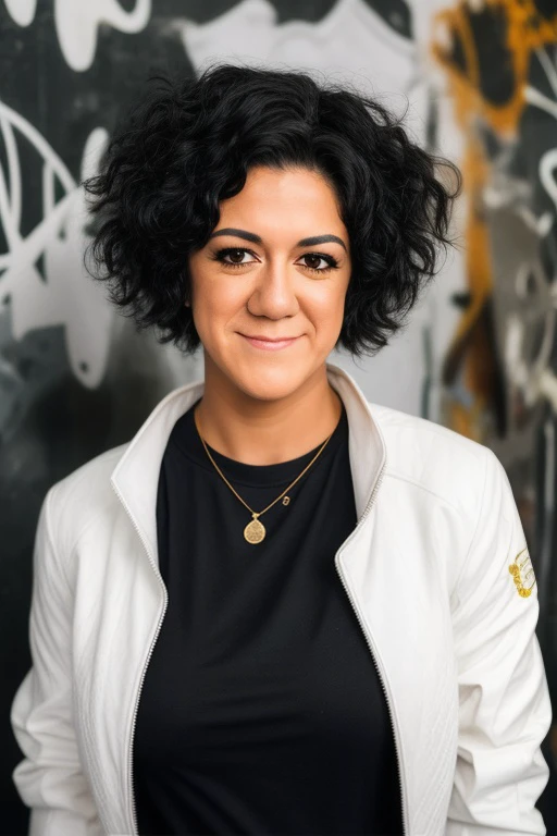 a photoshoot of Bayl3yH33l, a woman posing, futuristic white jacket, black tshirt, closeup:3, cinematic lighting, in front of grungy graffiti wall, serious, detailed, perfect face, gold jewelry, solo focus, messy curly hair