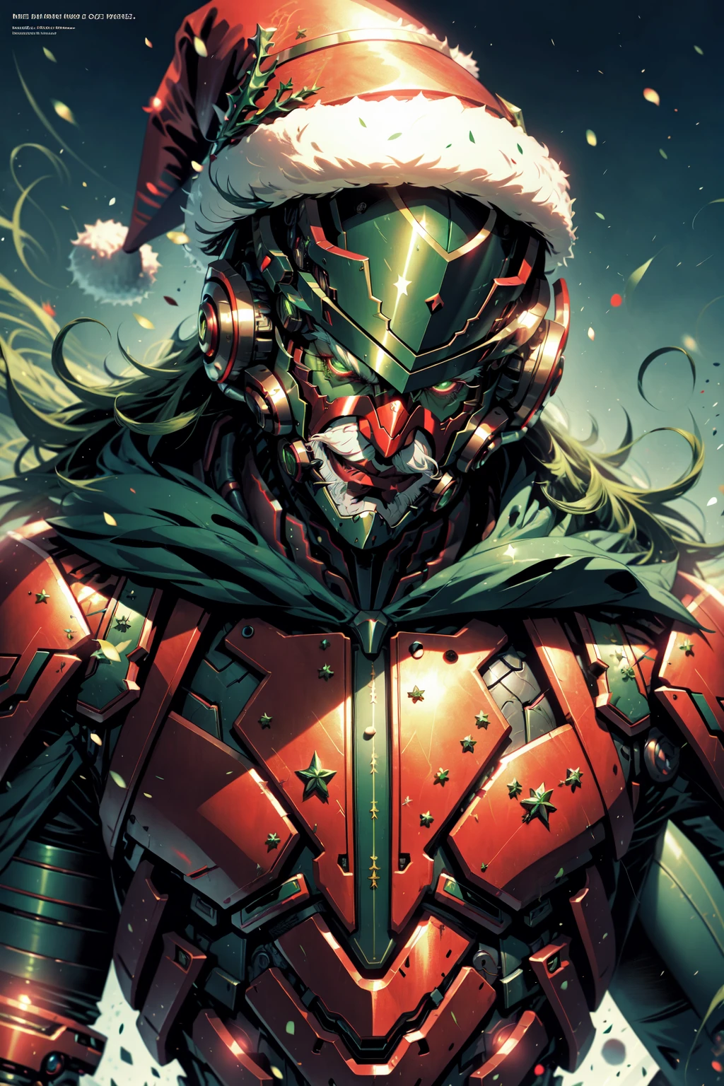 AiOverlordSanta, An evil cyborg in a santa costume dressed in green and red, santa hat, in the style of unreal engine 5, detailed comic book art, 32k uhd, metallic finishes, wlop, christmas theme, <lora:DuskAiOverlord:0.8>