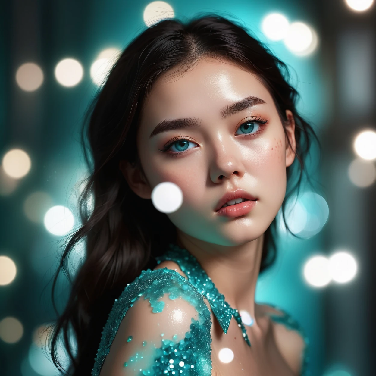 studio Vector Art, Resin Art of 21yo Beauty, attractive, Bokeh, designed by Kim Jung Gi, Jerry Schatzberg, Frightening, cozy, spotlight, bokeh, Sony A9 II, 50mm, Arcane and Teal flakes, Smooth Skin,Full Body,Bold