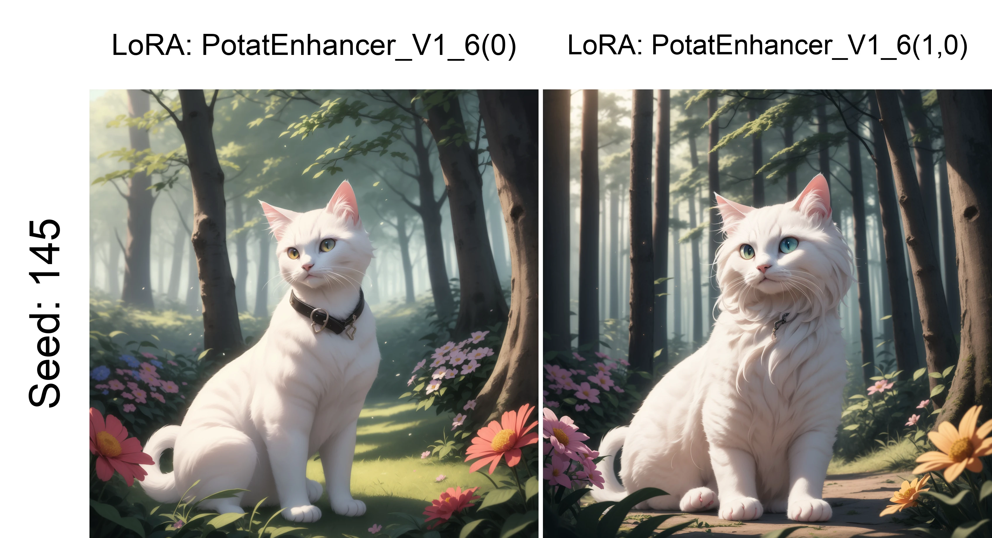 (best quality, detailed, masterpiece:1.15),white fluffy cat, forest background, flowers, magical, particles, messy floaty fur,