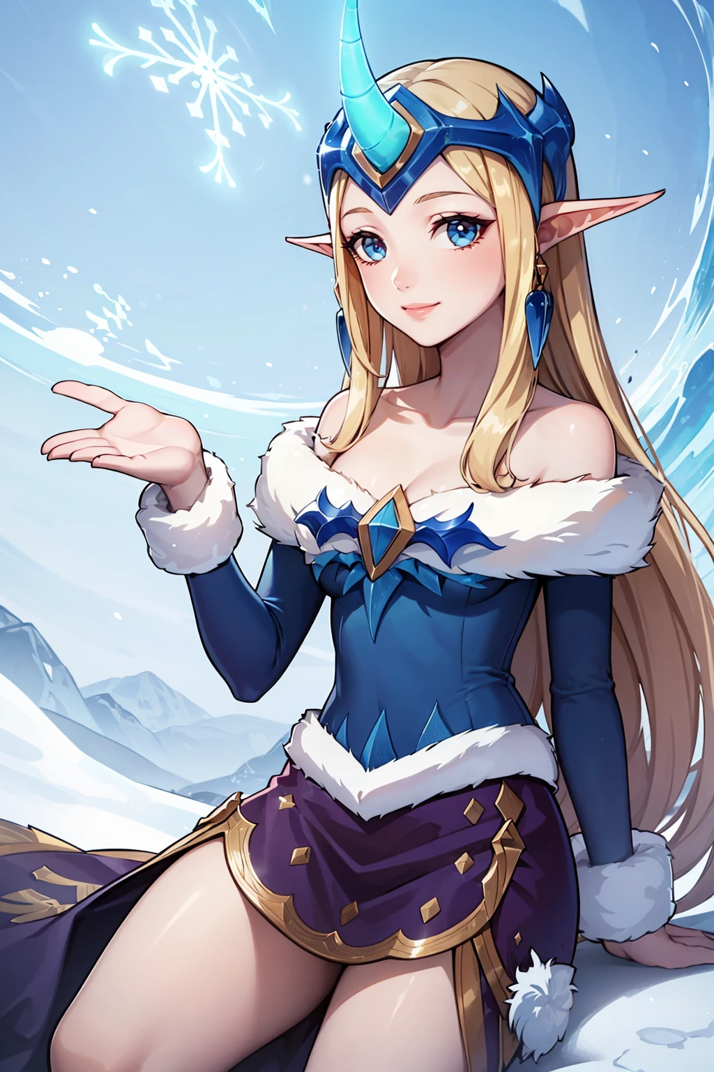 (masterpiece, best quality:1.2), intricate details, <lora:GoodHands-beta2:1>, <lora:lol_winter_wonder_soraka-000014:1>, winter wonder soraka, 1girl, single horn, fur-trimmed dress, bare shoulders, earrings, blonde hair, pointy ears, smile