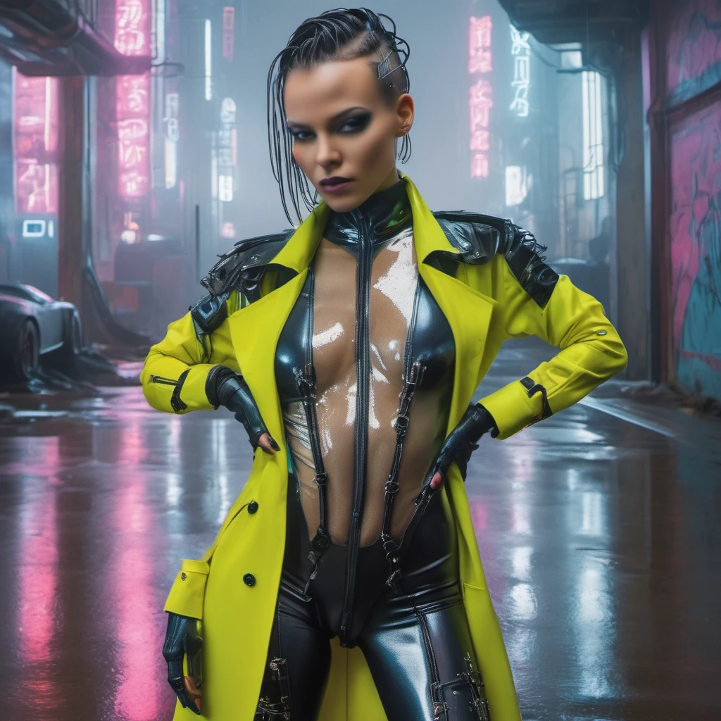 <lora:sdxl_cyberpunk_girl_v5_25000_lora_f16:1.0> Cybergirl, establishing shot photo of tanned Columbian Cybergirl, trenchcoat over bodysuit punk style, medium hair, sharp background, water, particles, reflections, refraction, 4k