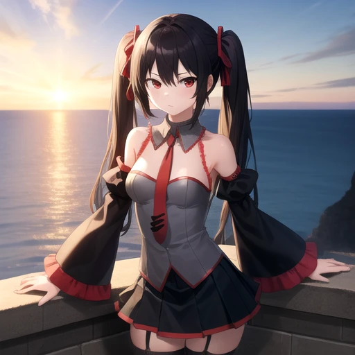 ((masterpiece)),(best quality),official art,extremely detailed CG,unity 8k wallpaper,ultra detailed,A lighthouse on a cliff by the sea,1girl,solo,cowboy shot,zatsune miku,scowl,looking at viewer,black hair,black skirt,black sleeves,detached sleeves,black thighhighs,cleavage cutout,detached collar,frilled sleeves,grey collar,garter straps,frilled shirt,frilled collar,grey shirt,juliet sleeves,long sleeves,medium breasts,puffy sleeves,red necktie,red eyes,twintails,very long hair,zettai ryouiki,<lora:Zatsune Miku(vocal)>,