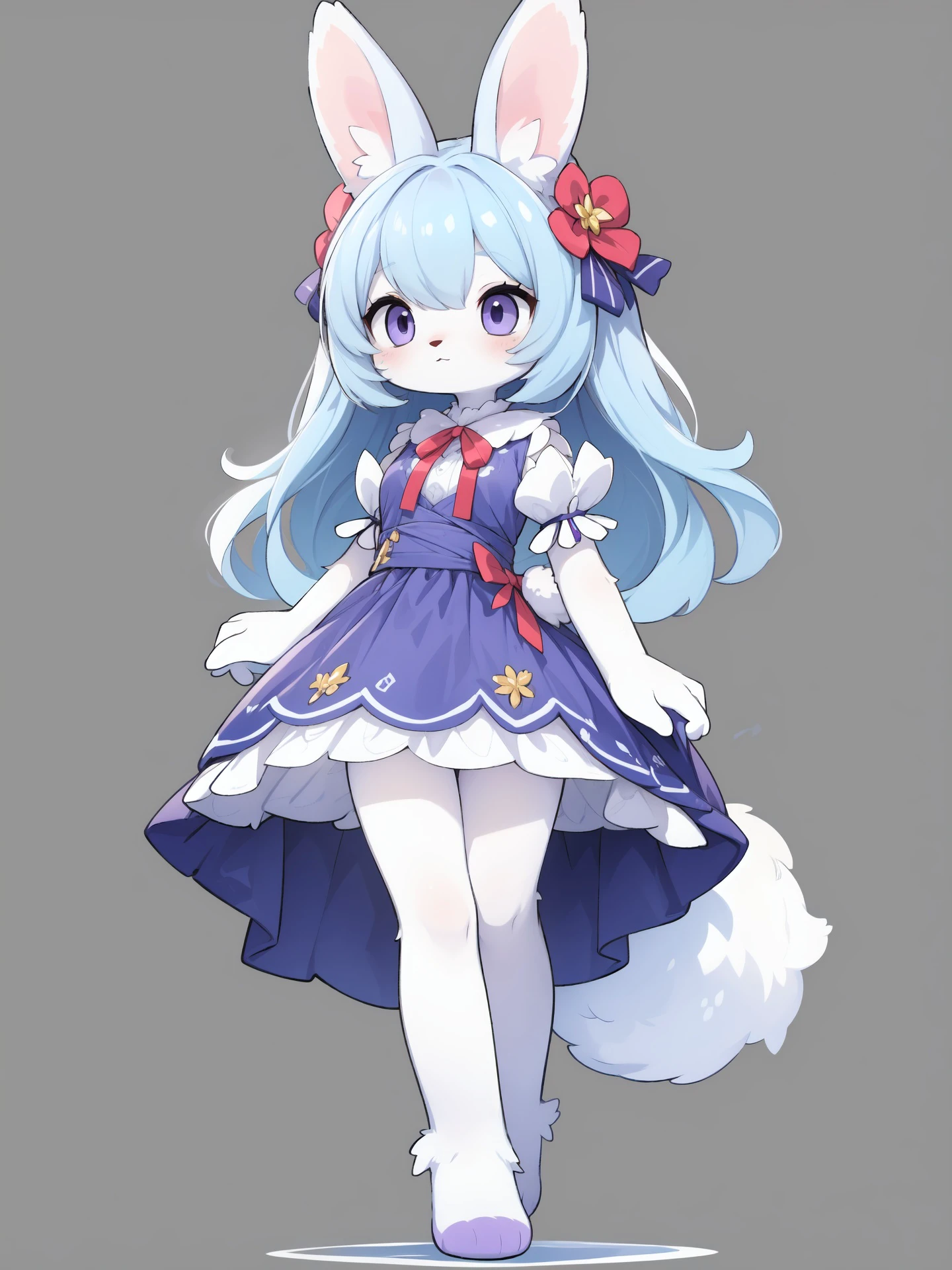 furry purple rabbit female,rabbit ears,rabbit tail,frilled dress,wide hips,white fur body,simple background,full body,standing,