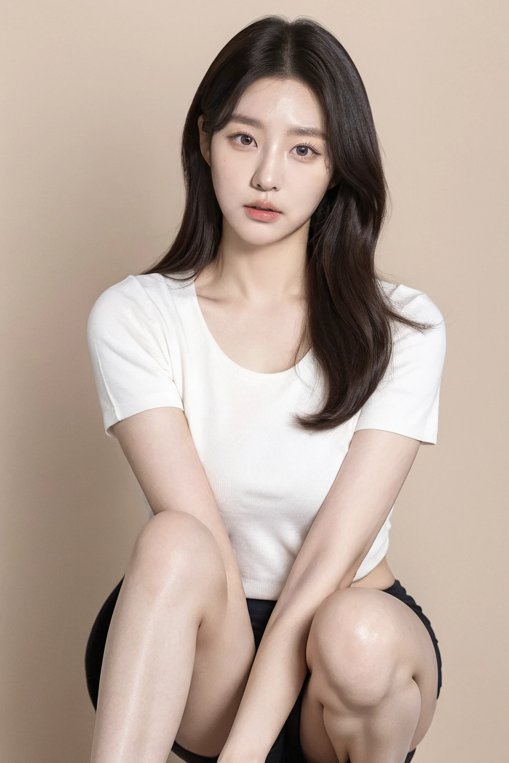 underboob shirt , medium breast , yellow background, studio photo, studio, simple background, (photo realistic), (knee shot :1.5), spreading legs , (8k UHD, best quality, masterpiece, ultra high resolution, photorealistic), (big eyes, sharp nose, perfect ratio cute face, perfectly beautiful, 22years old Korean beauty and sexy actresses, k-pop idol, girl), <lora:3:0.3> <lora:1:0.3> <lora:face:0.2> <lora:2:0.3> <lora:skin:0.5> <lora:studio_photography:0.3>