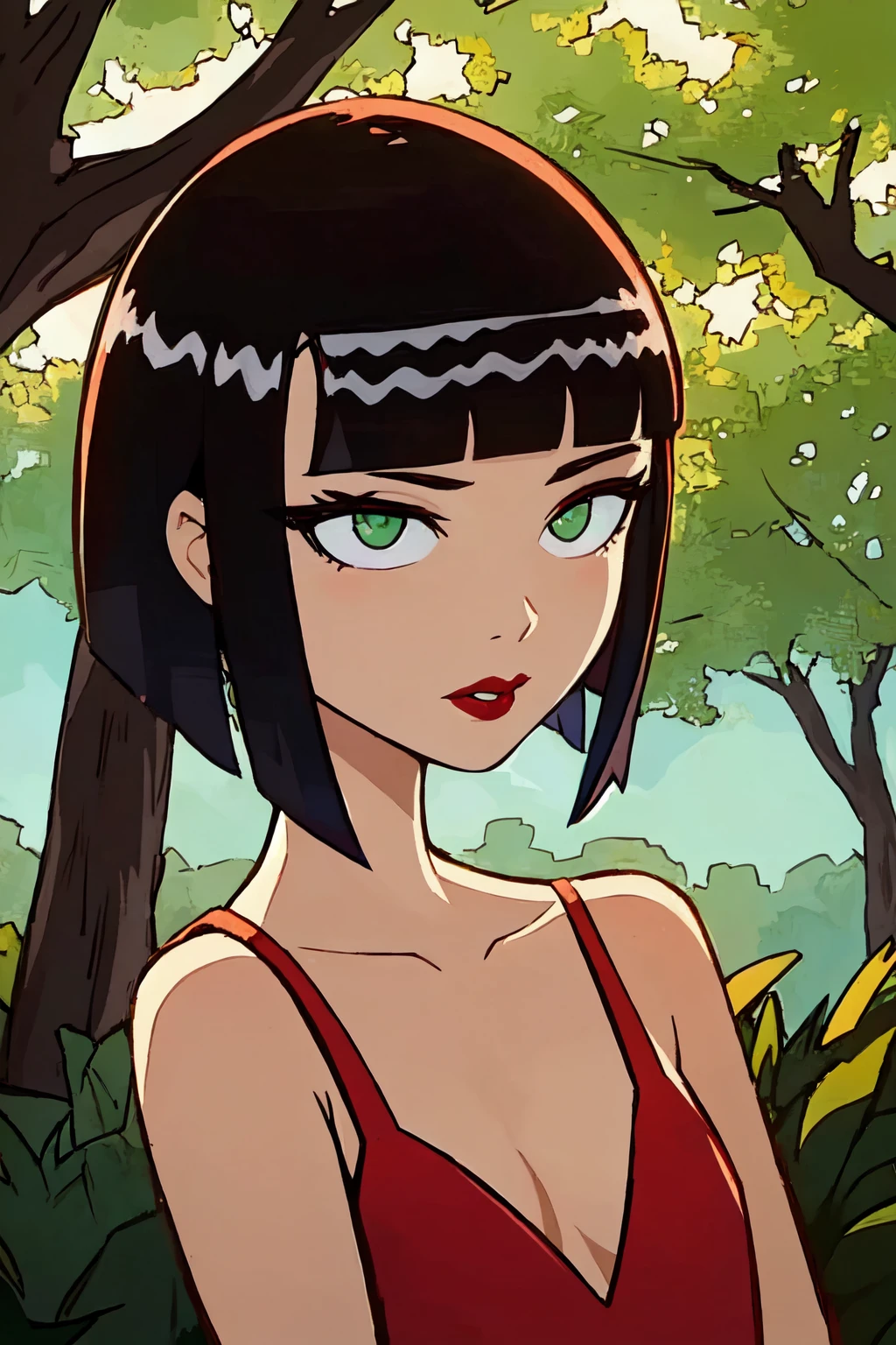 portrait, sharp focus, soft lighting,   illustration, depth of field, outdoors, trees,  ingrid, green eyes, lipstick, red lips, black hair, blunt bangs, bob cut <lora:asanagi:0.35><lora:ingrid-000003:0.75>