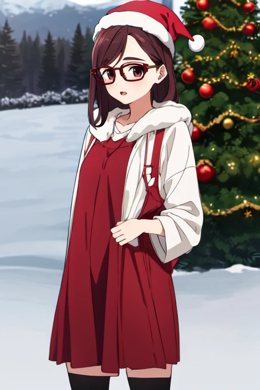 masterpiece, highres, 1girl, <lora:TomonoKojoR4:0.7>, TomonoKojoR4, brown eyes, brown hair, glasses, small breasts, santa dress, santa hat, snow, park, christmas tree