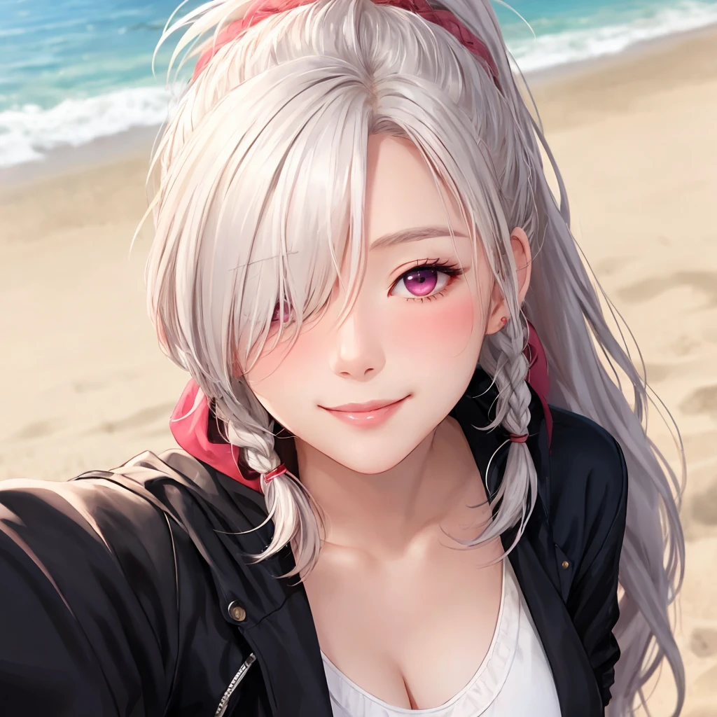 1girl, solo, detailed eyes, detailed face, reddish pink eyes, shining long hair, white hair, wild and messy hair, sidelocks, high ponytail with braids, (hair over one eye:1.3), medium firm breast, blush, subtle shy smile, beach background, (sfw), selfie, from above