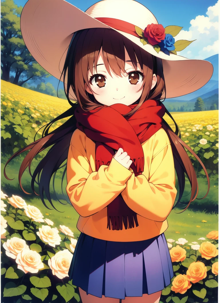 <lora:HayamiAyumi:0.8> HayamiAyumi, 1girl, solo, hat, brown hair, brown eyes, flower, long hair, smile, sun hat, hat flower, rose, dresswarmers, mittens, skirt, shoes, beanie, cowboy Shot, town, ((((masterpiece)))), high quality, very_high_resolution, large_filesize, full color