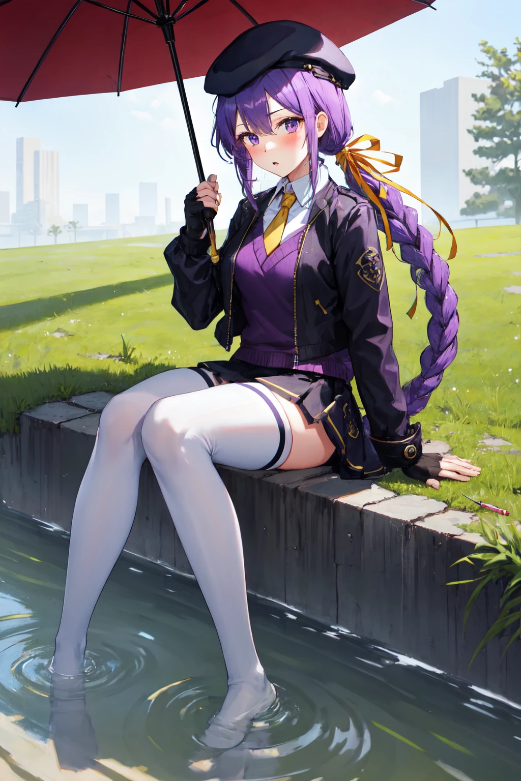 masterpiece, (detailed, highres, best quality), 1girl, <lora:spunibEltnum:1> eltnumdef, beret, hair ribbon, cropped jacket, purple jacket, purple sweater, v-neck, necktie, skirt, fingerless gloves, white thighhighs, arm support, blush, closed mouth, hand up, holding, holding syringe, looking at viewer, mask removed, sitting, solo, full body, pillar, ripples, umbrella, water