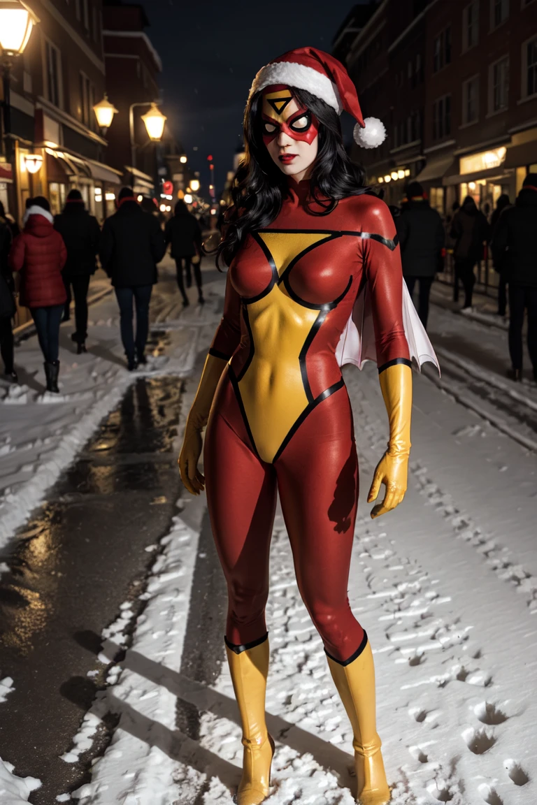 sw_jessicadrew, 1girl, solo, long hair, black hair, lipstick, santa red hat, domino mask, red bodysuit, medium breasts, yellow gloves, yellow boots, superhero, standing on street, winter, snow, nighttime <lora:Spider-Woman Jessica Drew v4.0:0.7>