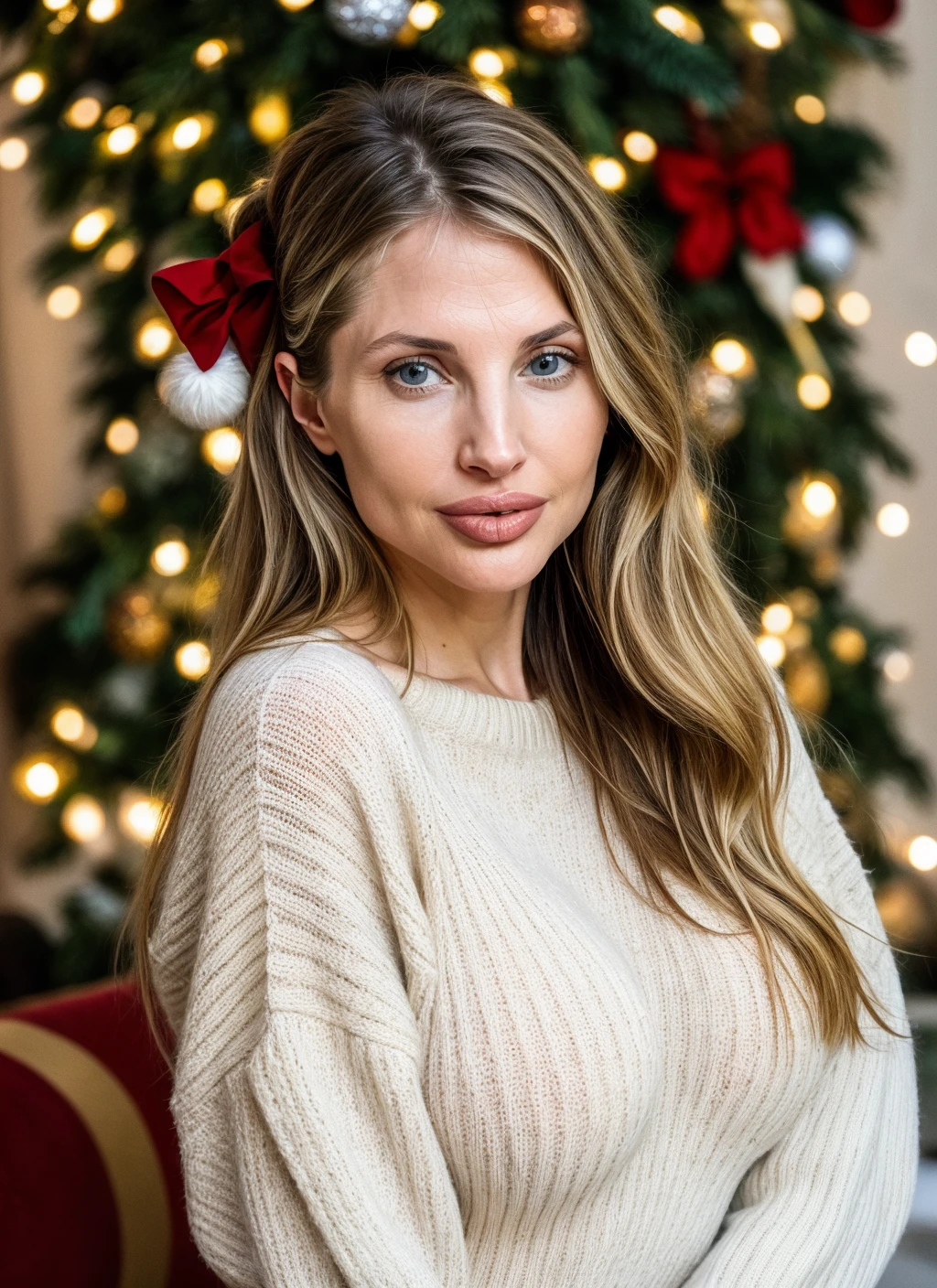 RAW photo of 20 years old amandaeliselee-ti, natural lighting, 8k uhd, dslr, high quality, film grain, Fujifilm XT3, <lora:add_detail:0.7>, by Peter Lindbergh, christmas theme, young, sweater