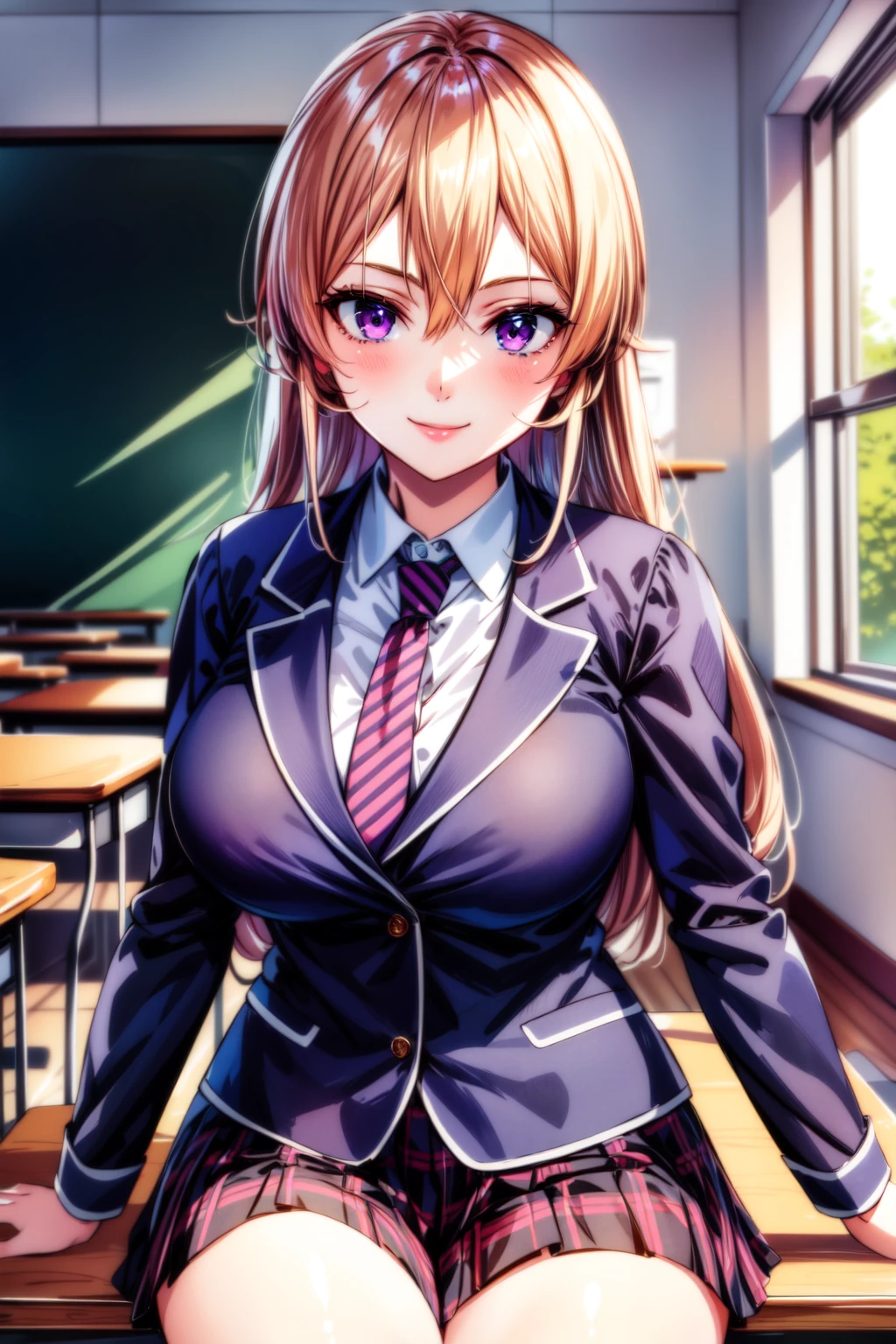 (best quality:1.2), 1girl, (masterpiece:1.2), raytracing, cute face, perfect face, ultra detailed,detailed face, 8k wallpaper, wide hips, <lora:more_details:0.5>, ErinaNakiri_NDV, 1girl, purple eyes, blonde hair, long hair, large breasts, hair between eyes, skirt, jacket, tie, shirt, school uniform,  <lora:ErinaNakiri_NDV:0.7>, smile, sitting, indoor, classroom