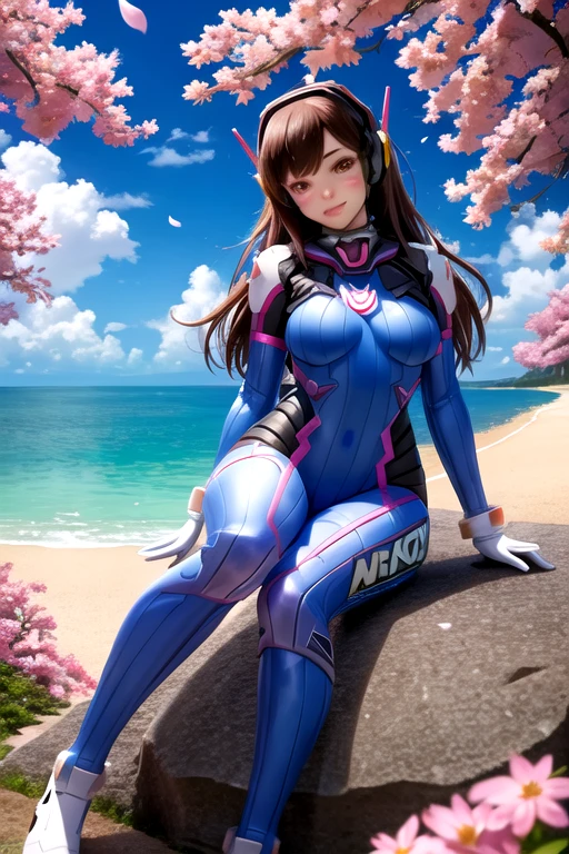masterpiece, best quality,4k,8k,highres,ultra-detailed,1girl, alternate eye color, animal print, arm support, armor, bangs, blue sky, bodysuit, bracer, branch, breasts, brown eyes, brown hair, bunny print, charm \(object\), cherry blossoms, clothes writing, cloud, cloudy sky, d.va \(overwatch\), day, emblem, facepaint, facial mark, gloves, ground vehicle, headphones, high collar, logo, long hair, long sleeves, looking at viewer, mecha, medium breasts, meka \(overwatch\), motor vehicle, outdoors, parted lips, pauldrons, petals, pilot suit, pink lips, ribbed bodysuit, shoulder armor, shoulder pads, sitting, sitting on object, skin tight, sky, smile, solo, swept bangs, thigh strap, tree, turtleneck, whisker markings, white footwear, white gloves,<lora:DVA:0.65>