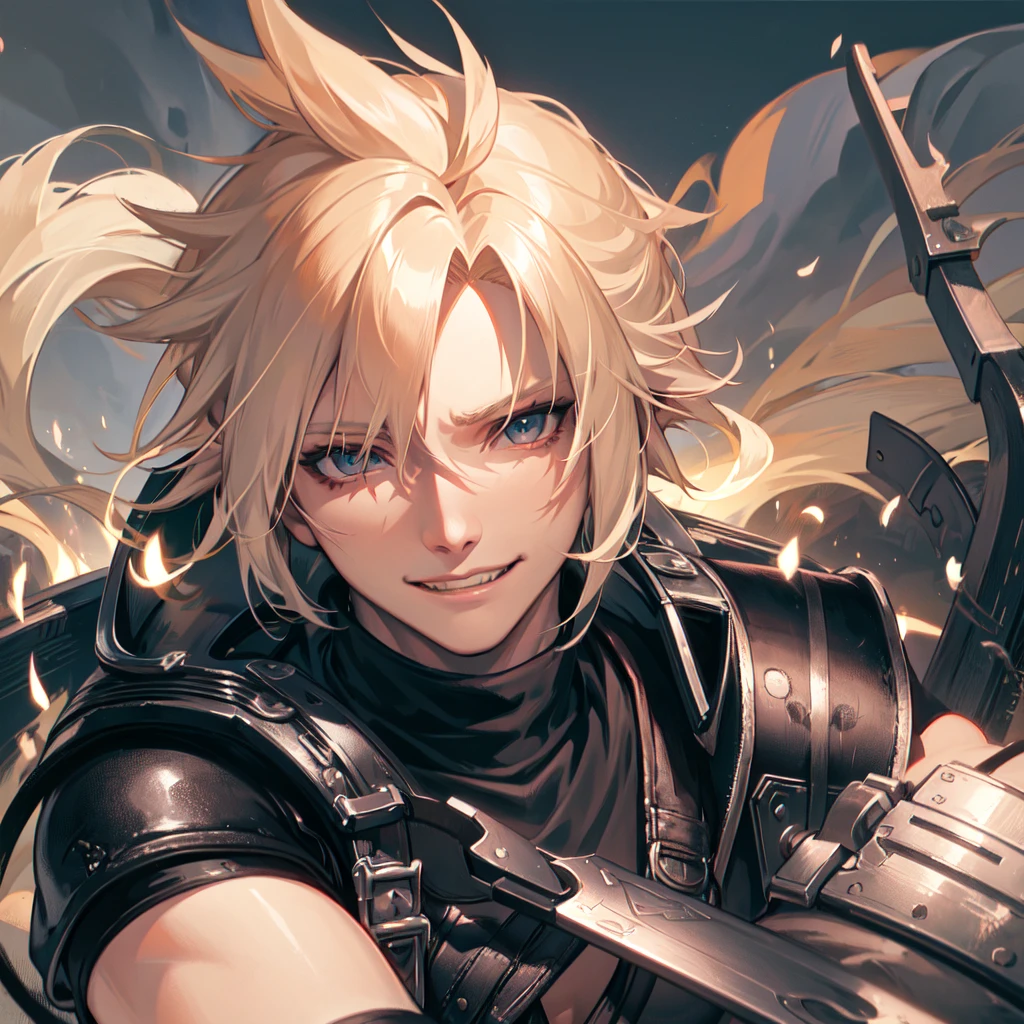 cloud, from final fantasy 7,


smile, folds, black attire, belt ,


