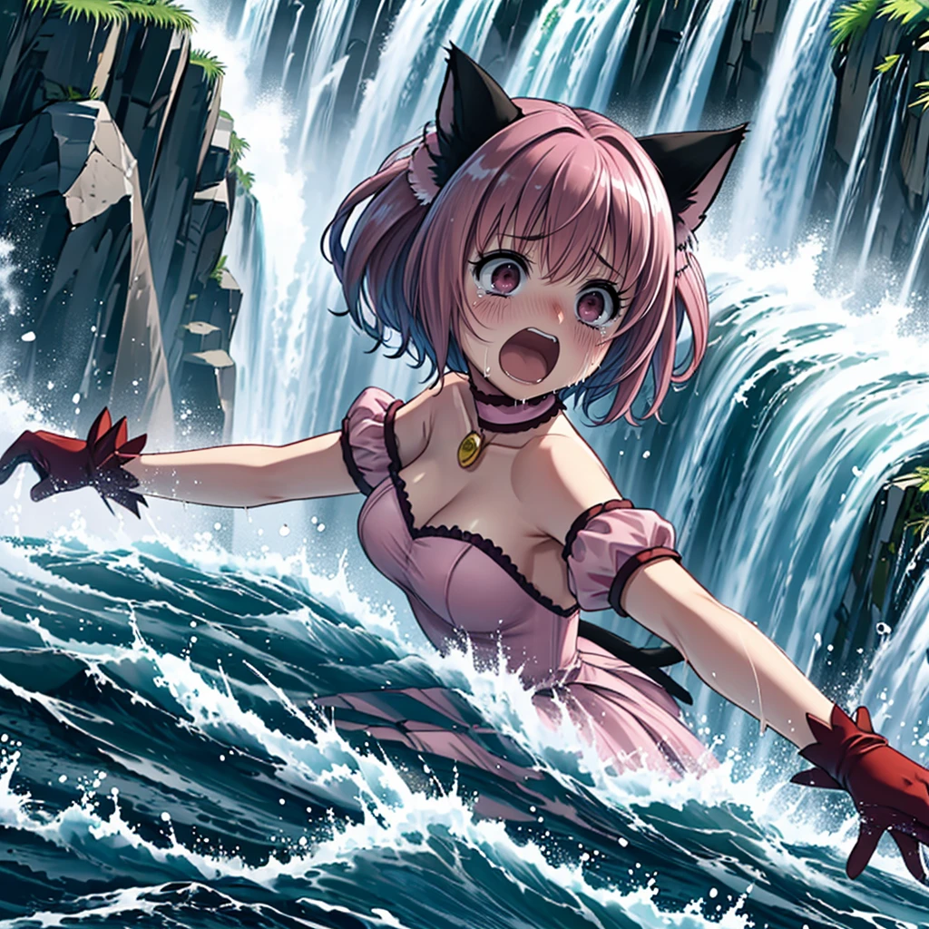 <lora:LCM_LoRA_Weights_SD15:1>,masterpiece,best quality,highly detailed,1girl,solo,scared,panicking,constricted pupils,screaming,raised eyebrows,wide-eyed,crying,tears,
<lora:momomiya_ichigo_v2:0.75>,blush,bow,cat girl,cat tail,choker,cleavage,detached sleeves,dress,gloves,large breasts,magical girl,mi1,pink choker,pink dress,puffy detached sleeves,puffy sleeves,red gloves,ribbon,tail,tail bell,tail bow,tail ornament,short hair,pink hair,
BREAK
<lora:fallingWaterfall:0.4>,waterfall,falling at the middle of waterfall,from side,sliding,waves,ripples,lying on stomach,full body,outstretched arms,