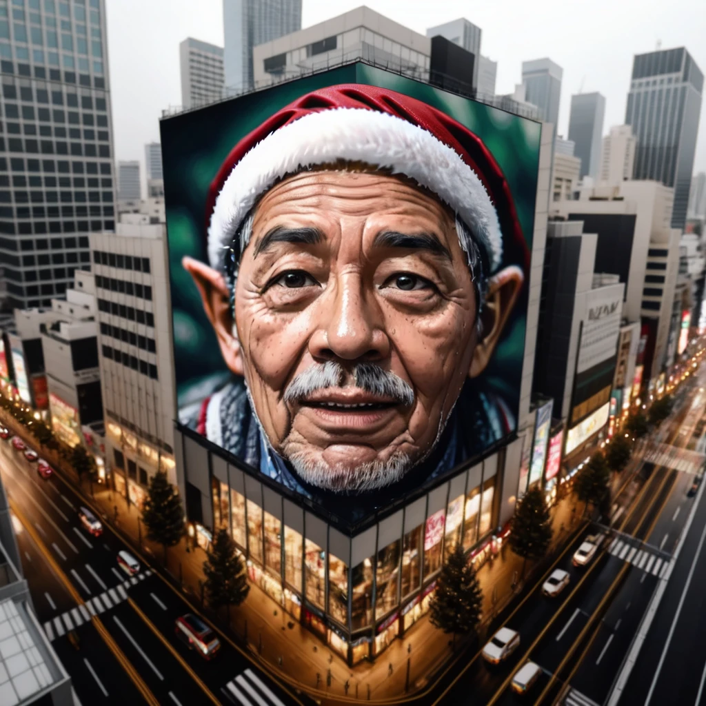 cityscape, signage, photorealistic, railroad tracks, real world location,  <lora:3Dsignage_v1:0.7>,  <lora:XmasTad:0.8> XmasTad , santa, epoch elves, old man