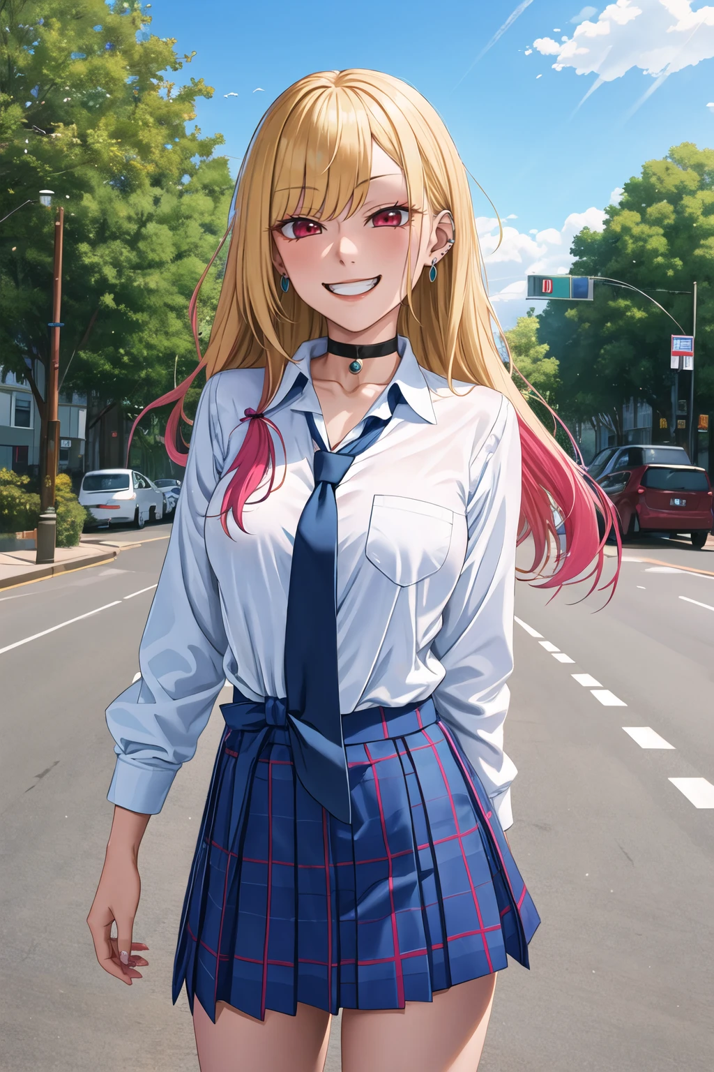 masterpiece, best quality, highres, kitagawa marin, 1girl, blonde hair, long hair, multicolored hair, red eyes, jewelry, earrings, piercing, school uniform, white shirt, tied shirt, black choker, blue necktie, plaid skirt, <lora:kitagawa_marin_v1-1:0.7>, grin, smile, standing, cowboy shot, outdoors,<lora:Tomioka-Sena-Style_v1:1>