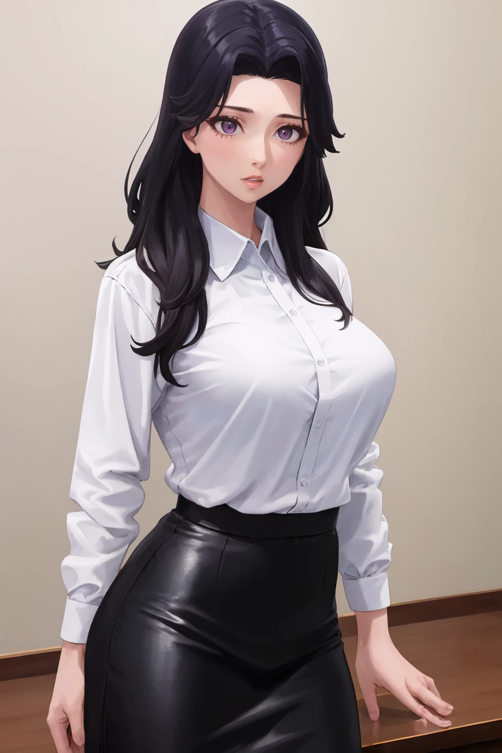 masterpiece, best quality, 1girl, solo, <lora:reikoyoshinaga-sl-richy-v1:1> reiko, white shirt, black skirt, standing, large breasts, parted lips, mature female,