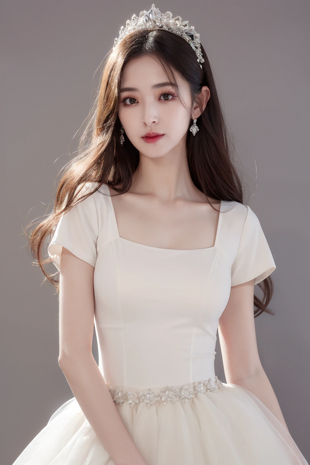 masterpiece,best quality,1girl,upper body,looking at viewer, standing,
white dress, strap dress, princess tutu, short sleeves,
long hair,narrow waist, hair ornament, round neck,
grey background,