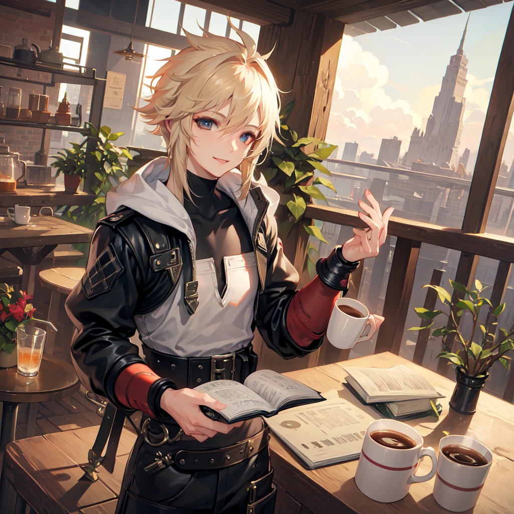 cloud, from final fantasy 7


smile, folds, book, coffee shop,  belt ,


