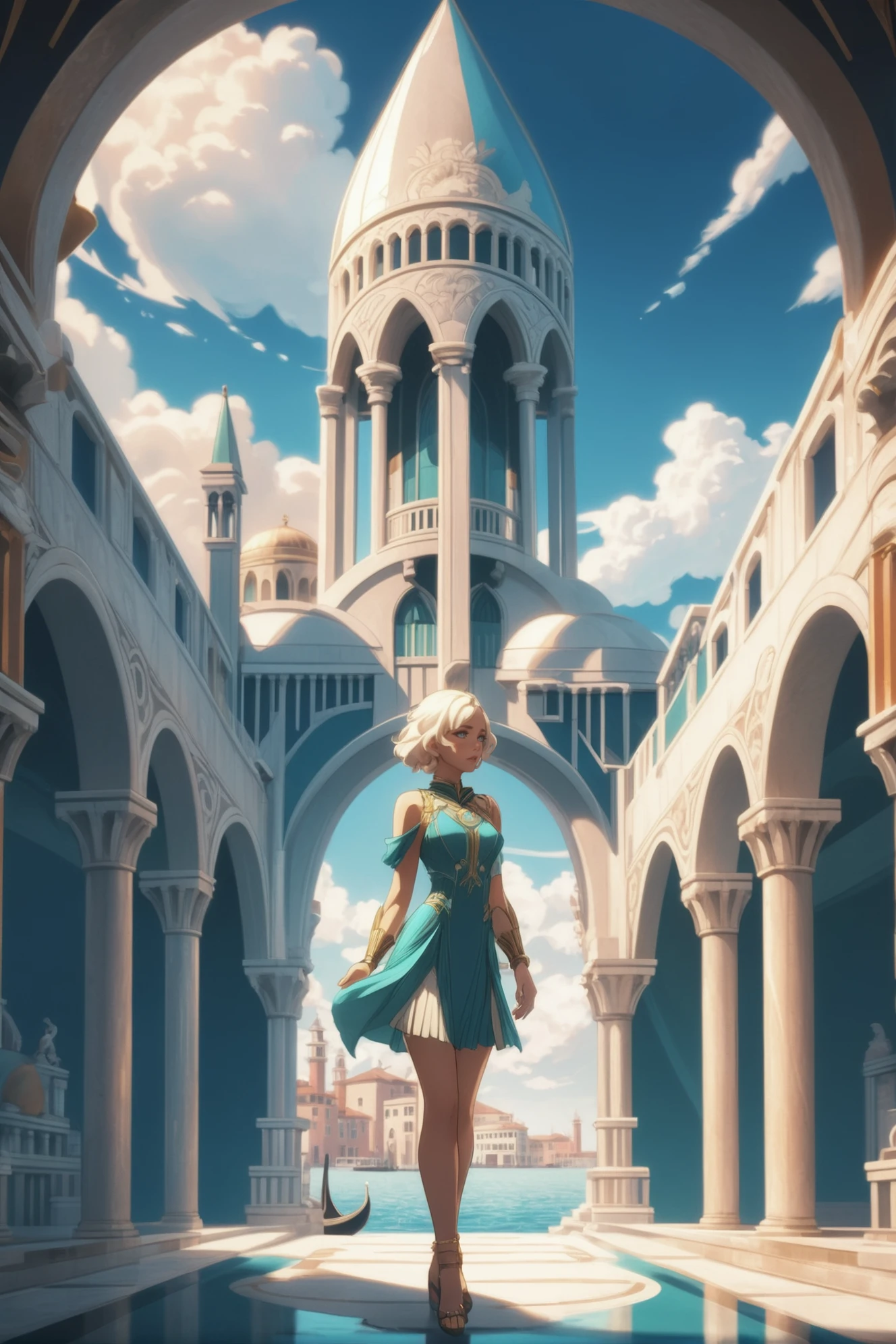 fantasy art deco, cinematic color grading, anime style, <lora:EnvySendNoodzXL01:-1>1girl, woman, beautiful, noon, blue sky, clouds, architecture, underground Venice<lora:EnvyFantasyArtDecoXL01:0.75>