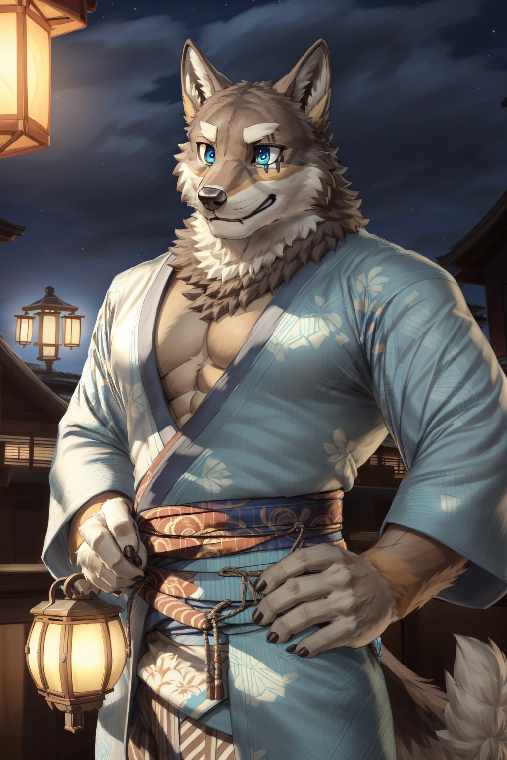 <lora:ogami_aratsuka-09:1>, ogami aratsuka, blue eyes, muscular male, scar, (posing:1.3), (soft shading), 4k, hi res, five fingers, detailed hands, ((detailed face, (detailed eyes:1.5), detailed)), by zackarry911, by zaush, (by personalami:0.5), smile, short hair, 1boy, holding, weapon, male focus, japanese clothes, kimono, hand on hip, night, , yukata, lantern, blue kimono, pectoral cleavage, festival
