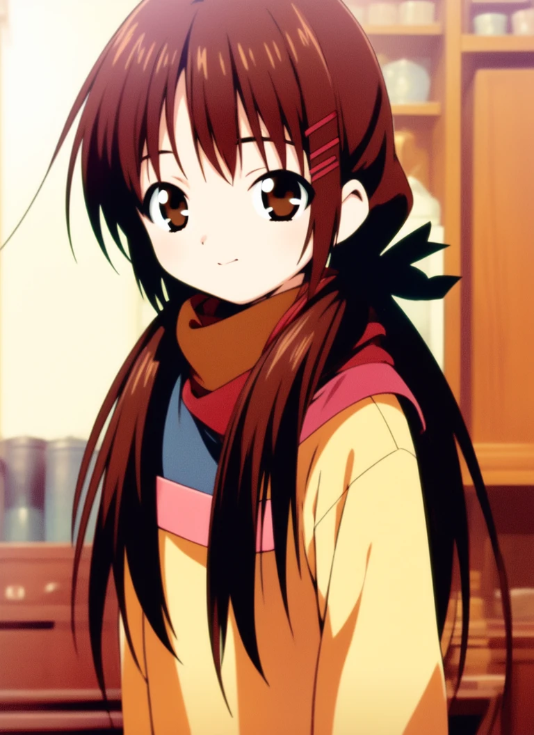 ((((masterpiece)))), high quality, very_high_resolution, large_filesize, full color <lora:HayamiAyumi:1> HayamiAyumi, 1girl, solo, brown hair, brown eyes, scarf, long hair, ponytail, looking at viewer, ribbon, hair ribbon, long sleeves, upper body