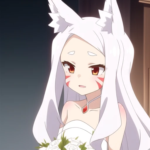 <lora:ShiroNew-000015:0.7>, 1girl, animal ears, white hair, long hair, Shiro, intricate details, facial marking, wedding dress, ribbon, bouquet, joy, altar, fox tail, <lora:GoodHands-beta2:1>