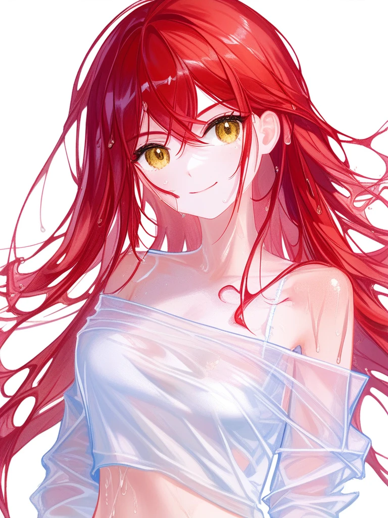<lora:dan:1>,masterpiece, solo, close up, [sho lwlw], 1girl, makima \(chainsaw man\), impasto, oil painting, white background, simple background, upper body, looking at viewer, smile, closed mouth, yellow eyes, ringed eyes, eyebrows visible through hair, long hair, red hair, wet hair, bangs, small breasts, flat chest, covered nipples, scar, wet clothes, white shirt, bare shoulders, long sleeves, fingernails, see-through