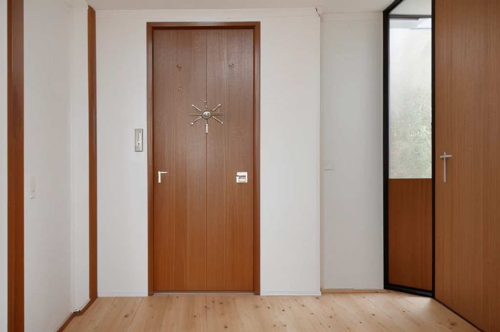 front door of a house with light wood floor livingroom with wooden door and central heating <lora:Grienden_Style_2:0.8>