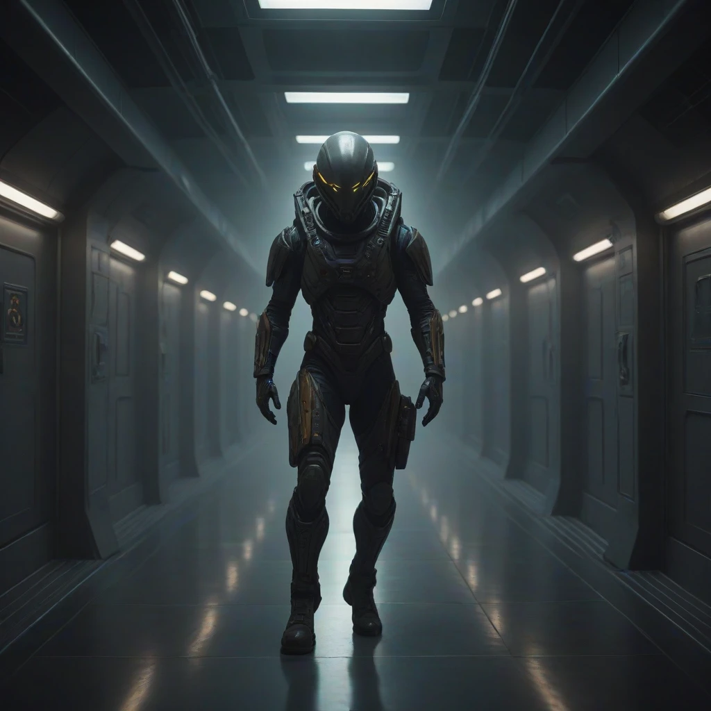 cinematic shot of an alien space mercenary marching in a science fiction spaceship hallway indoors, cinematic lighting, LUT