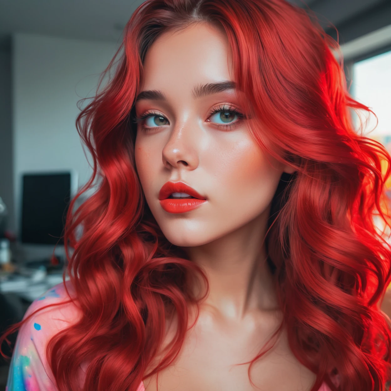 designed by Brandon Woelfel and Josan Gonzalez, Painting, Color splash, Oil painting, best quality, 21yo Beauty, her hair is Red, Queencore, 50mm, Smooth Skin,Full Body,Bold