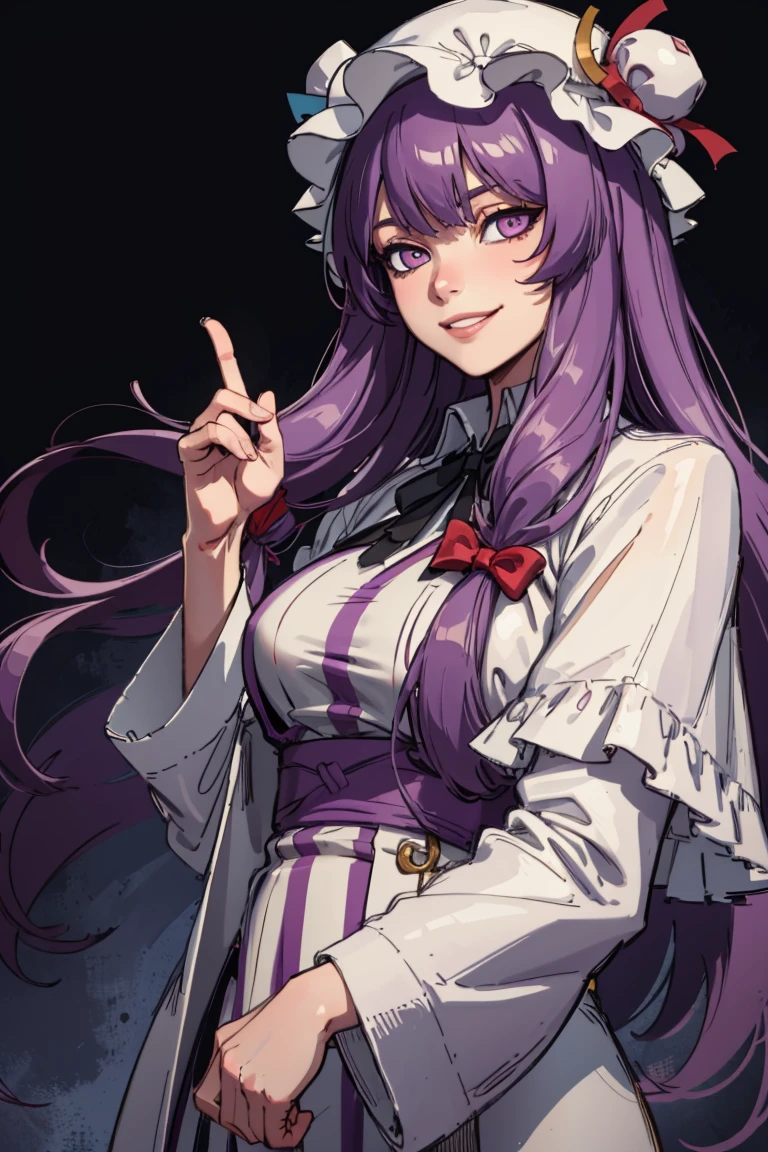 ((masterpiece,best quality)), absurdres,
<lora:patchouli_knowledge-byPatchouli:0.8>, patchouli_knowledge, 1girl, solo, purple hair, purple eyes, long hair, 
solo, smiling,